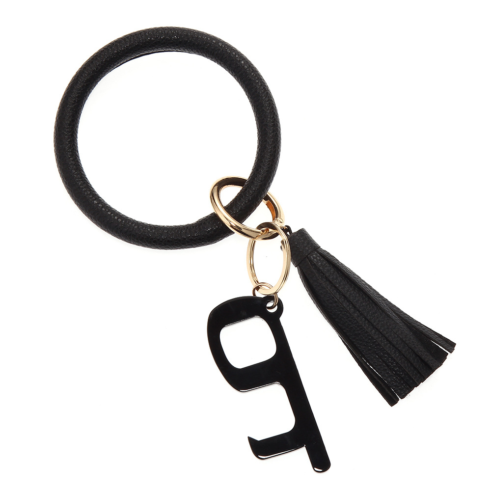 皮革无接触手镯钥匙扣豹纹流苏手环钥匙圈亚克力开门器黑色无接触钥匙扣皮革手环B24-0404