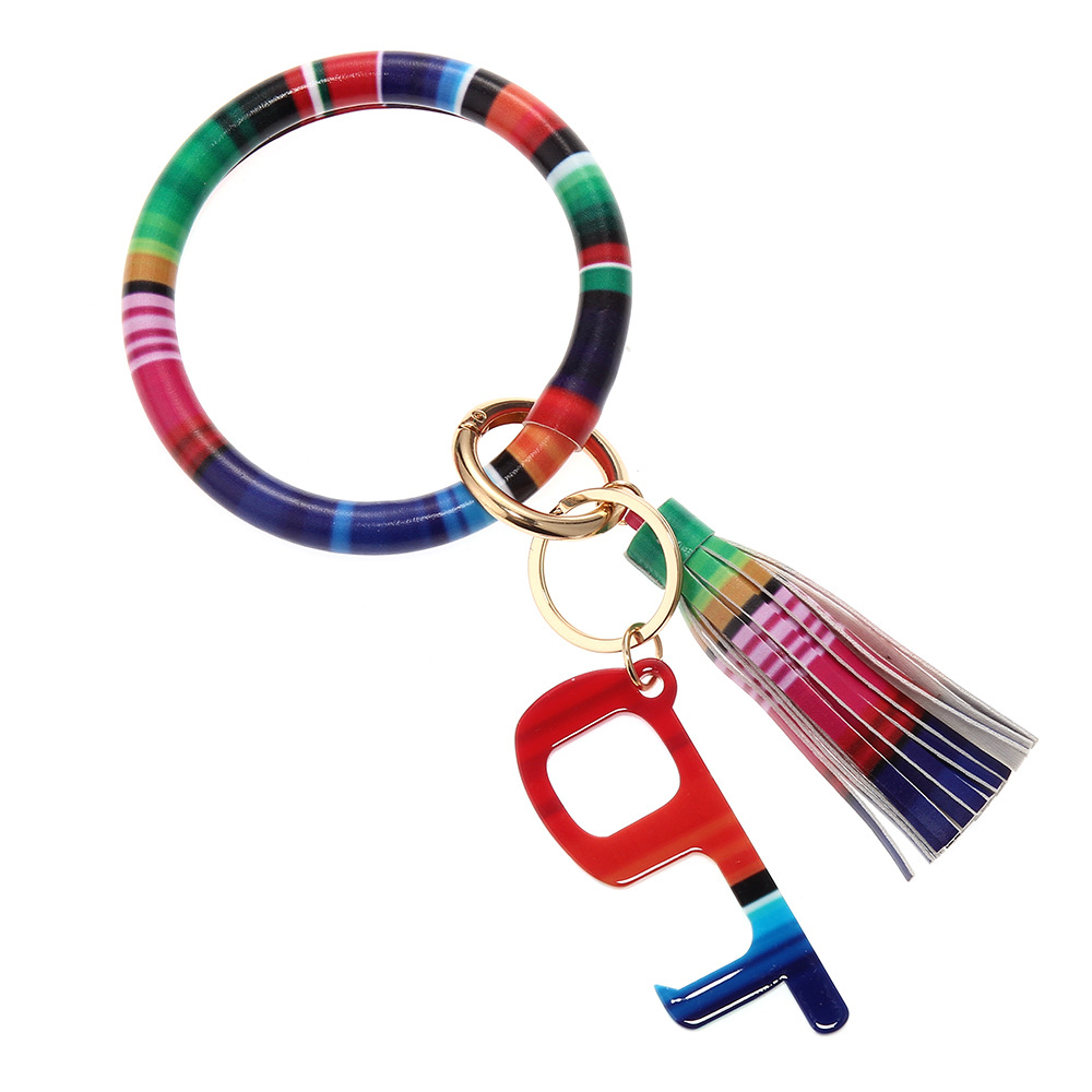 皮革无接触手镯钥匙扣豹纹流苏手环钥匙圈亚克力开门器彩色条纹无接触钥匙扣皮革手环B24-0504