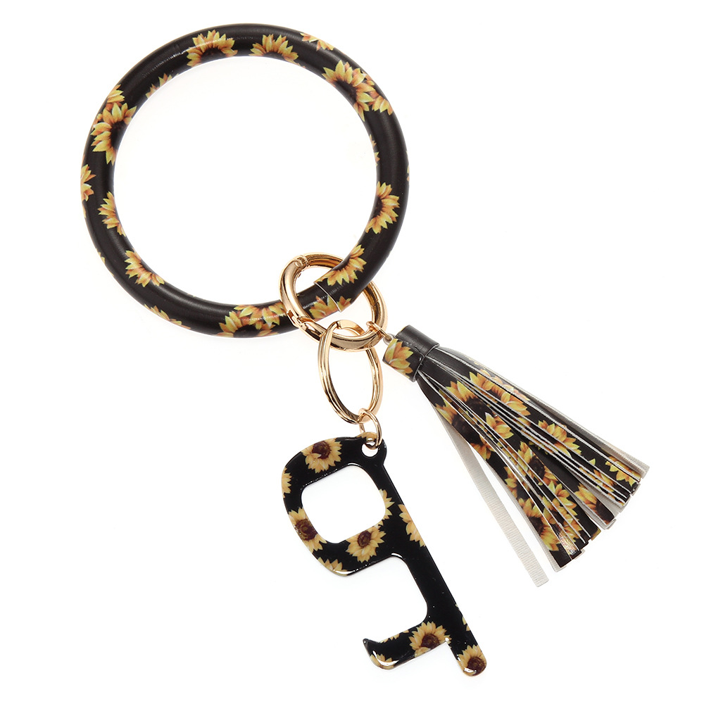 皮革无接触手镯钥匙扣豹纹流苏手环钥匙圈亚克力开门器向日葵无接触钥匙扣皮革手环B20-0102