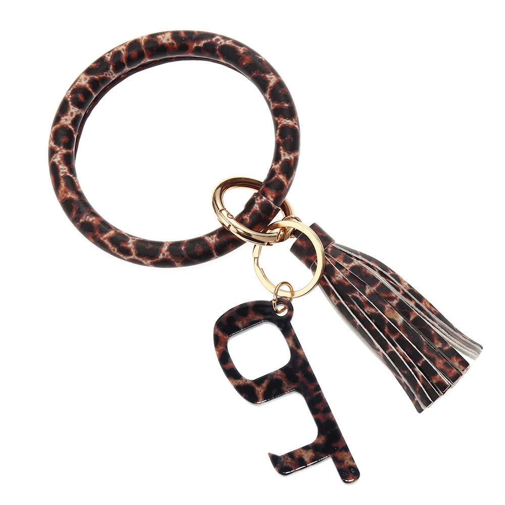 皮革无接触手镯钥匙扣豹纹流苏手环钥匙圈亚克力开门器棕色豹纹无接触钥匙扣皮革手环B20-0302