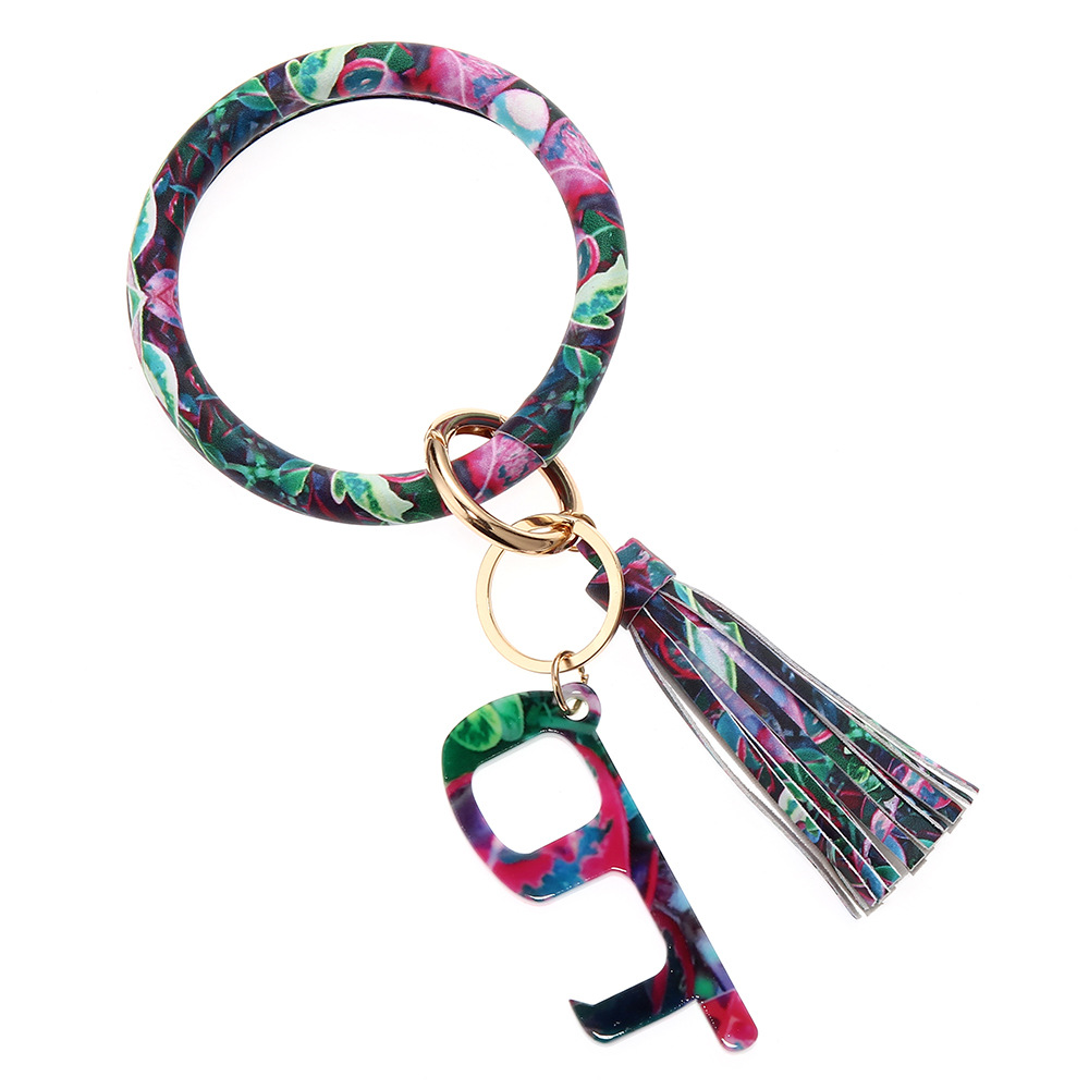 皮革无接触手镯钥匙扣豹纹流苏手环钥匙圈亚克力开门器花丛无接触钥匙扣皮革手环B20-0202