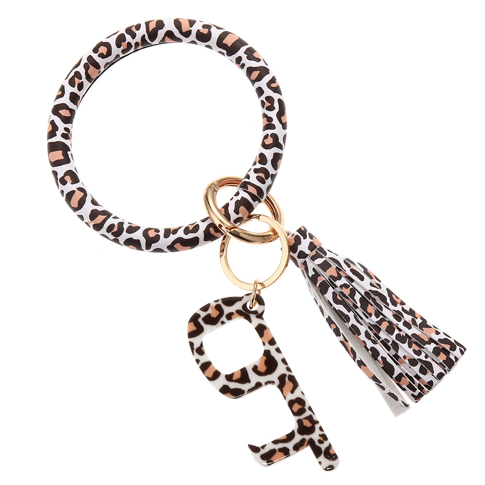 皮革无接触手镯钥匙扣豹纹流苏手环钥匙圈亚克力开门器白色豹纹无接触钥匙扣皮革手环B20-0502