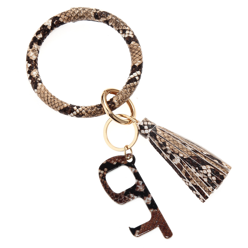 皮革无接触手镯钥匙扣豹纹流苏手环钥匙圈亚克力开门器棕色蛇纹无接触钥匙扣皮革手环B20-0402