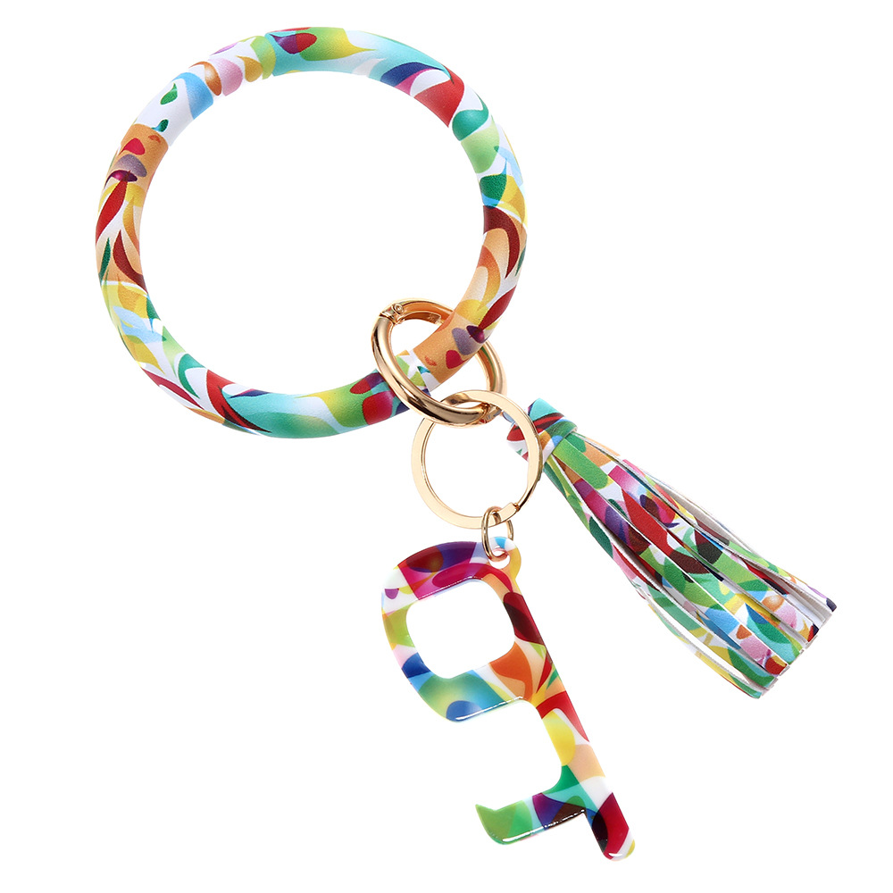 皮革无接触手镯钥匙扣豹纹流苏手环钥匙圈亚克力开门器彩色花纹无接触钥匙扣皮革手环B20-0103