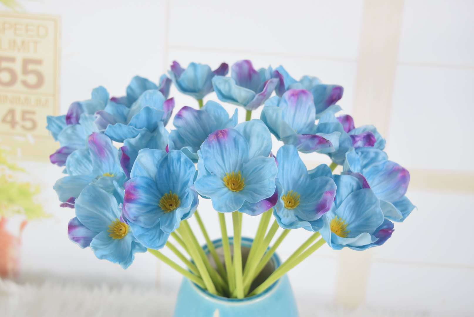 【PU假花】10头迷你罂粟花把束客厅婚庆手捧花仿真花定做蓝色