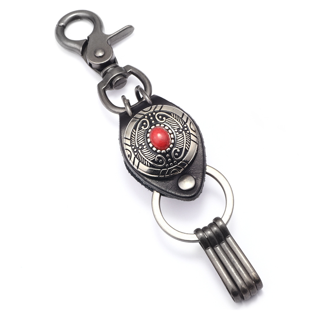 民族风羽毛钥匙扣绿松石镶嵌合金牛皮饰品挂件红松石