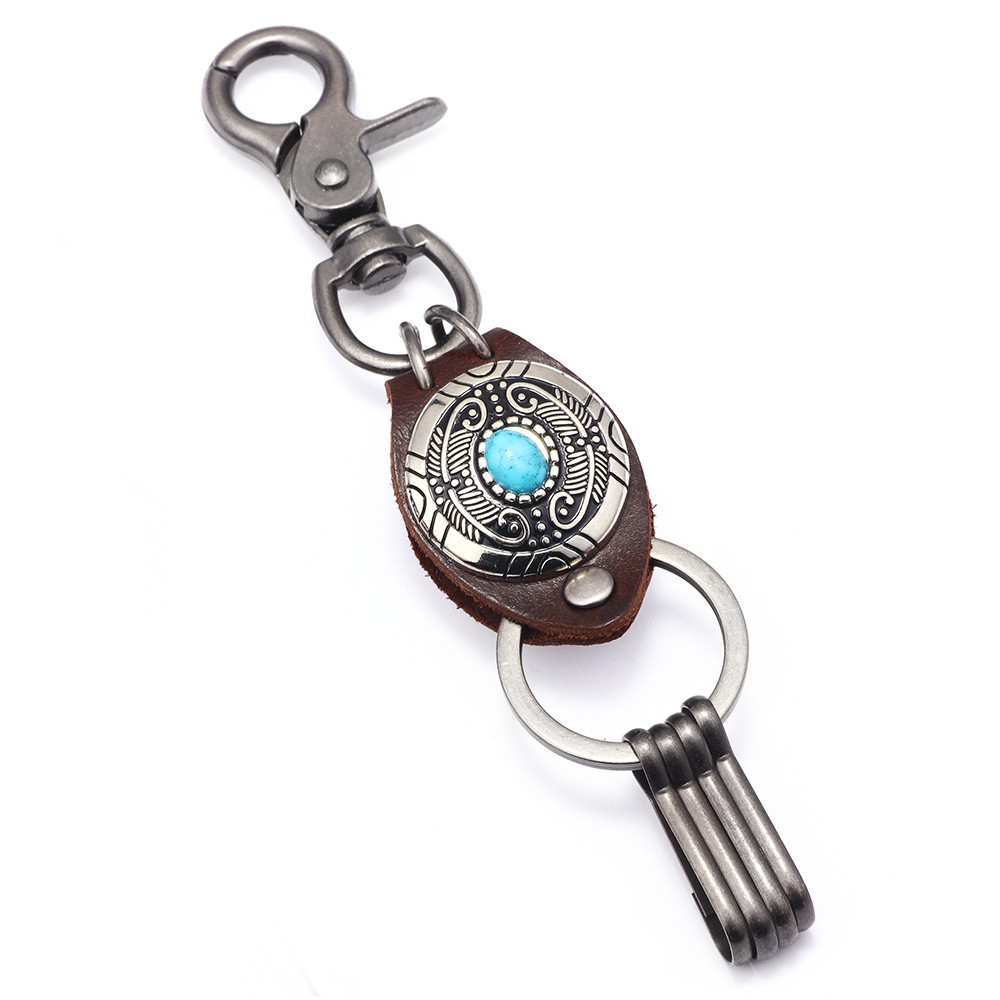 民族风羽毛钥匙扣绿松石镶嵌合金牛皮饰品挂件绿松石