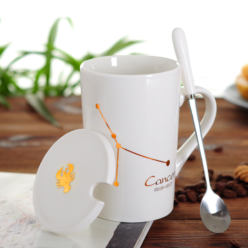 创意陶瓷杯马克杯骨瓷水杯星座热销情侣杯子:巨蟹座（白）/401-500ml