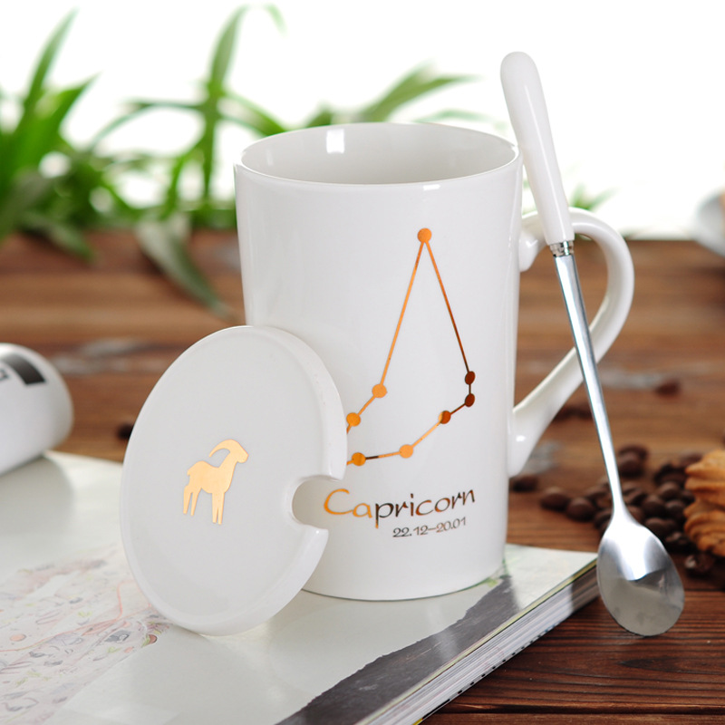 创意陶瓷杯马克杯骨瓷水杯星座热销情侣杯子:摩羯座（白）/401-500ml