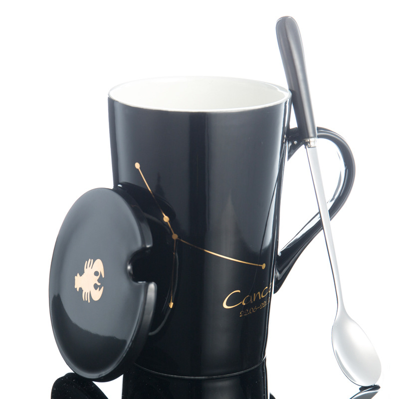 创意陶瓷杯马克杯骨瓷水杯星座热销情侣杯子:巨蟹座（黑）/401-500ml