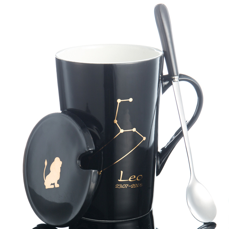 创意陶瓷杯马克杯骨瓷水杯星座热销情侣杯子:狮子座（黑）/401-500ml