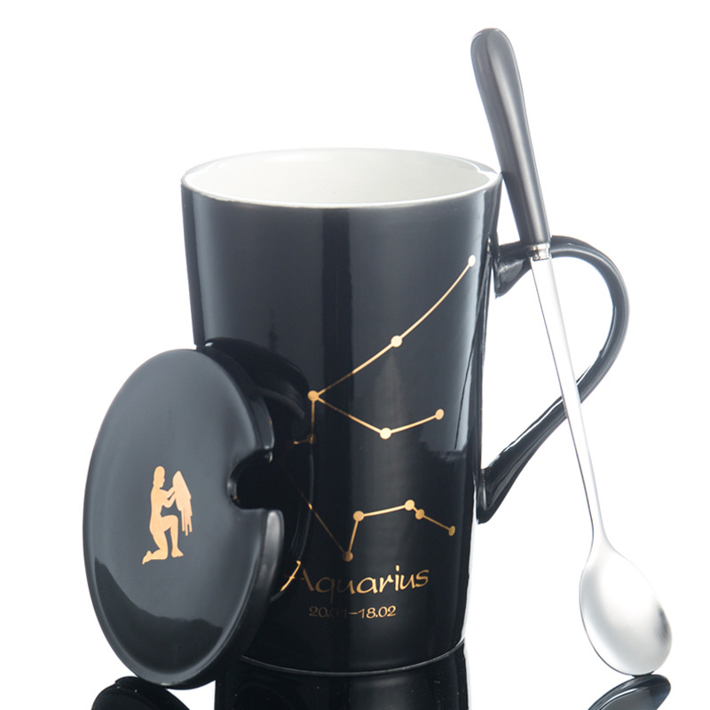 创意陶瓷杯马克杯骨瓷水杯星座热销情侣杯子:水瓶座（黑）/401-500ml