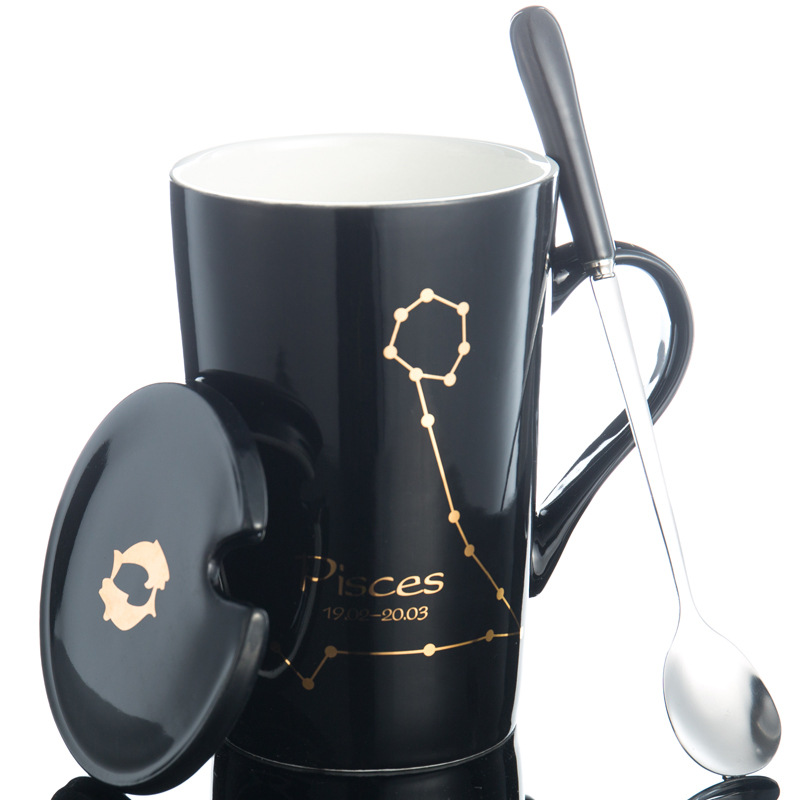 创意陶瓷杯马克杯骨瓷水杯星座热销情侣杯子:双鱼座（黑）/401-505ml