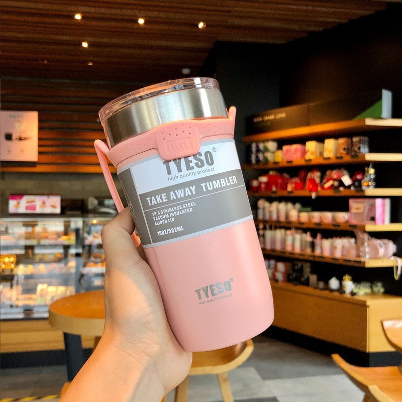 不锈钢手提绳咖啡杯真空保温户外车载便携马克粉色/710ML