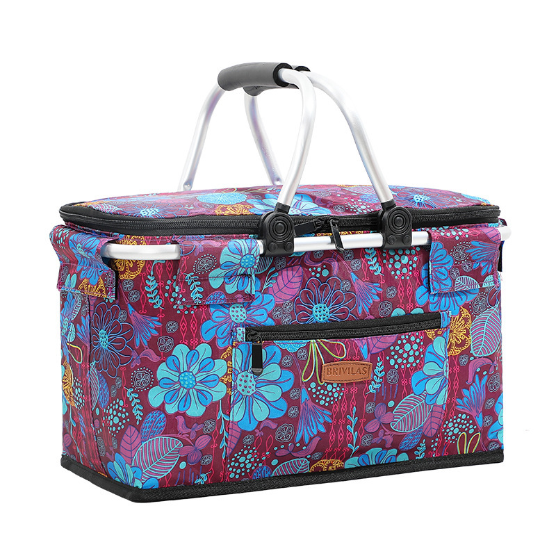 户外保温篮铝箔加厚野餐篮牛津布折叠野餐包保温冰袋冰篮22L 紫色花卉 可盛水有支撑条