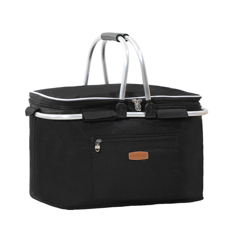 户外保温篮铝箔加厚野餐篮牛津布折叠野餐包保温冰袋冰篮35L 大号黑色双手提