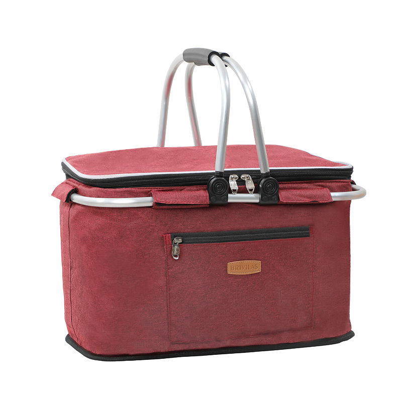 户外保温篮铝箔加厚野餐篮牛津布折叠野餐包保温冰袋冰篮35L 大号酒红色双手提