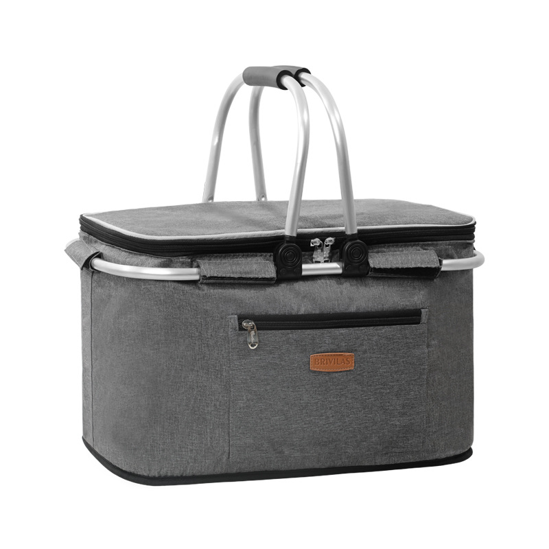 户外保温篮铝箔加厚野餐篮牛津布折叠野餐包保温冰袋冰篮35L 大号灰色双手提