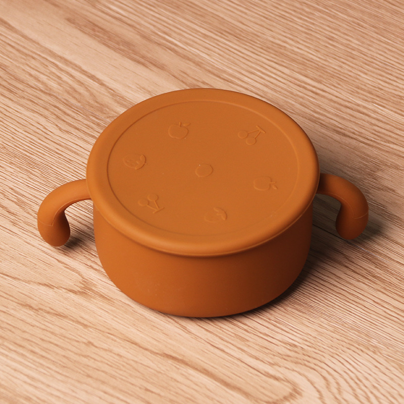 儿童硅胶零食碗宝宝零食杯辅食碗外出便携带盖防尘碗喂养餐具防漏芥末黄2014U