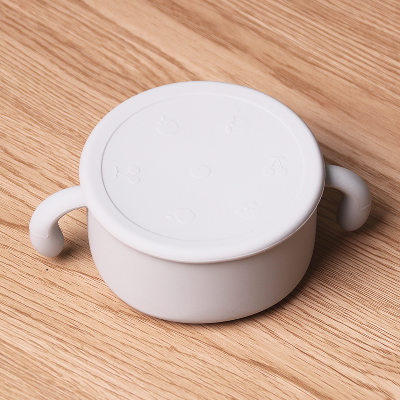 儿童硅胶零食碗宝宝零食杯辅食碗外出便携带盖防尘碗喂养餐具防漏浅灰色