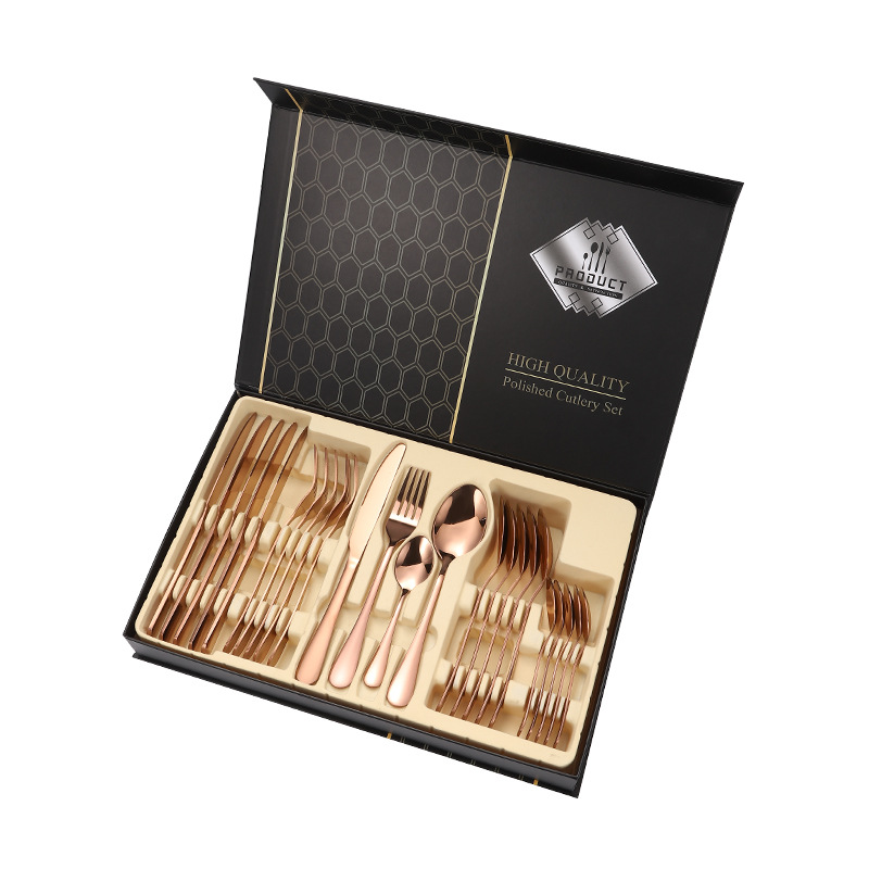 1010不锈钢餐具套装西餐牛排刀叉勺24件套礼盒勺子餐具批发玫瑰金色+礼盒