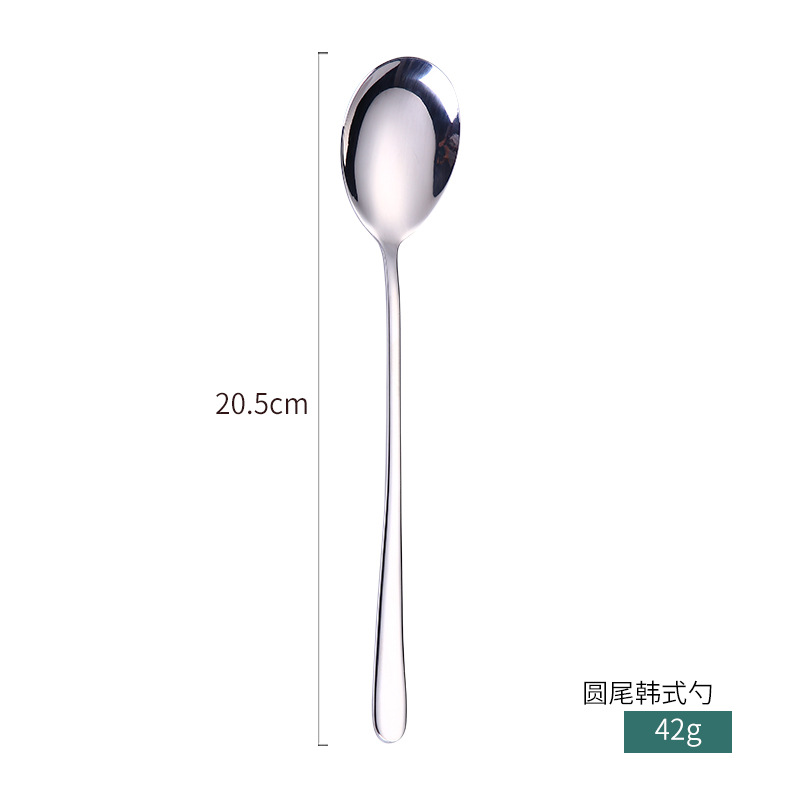 创意款304不锈钢餐具韩式勺叉子镀金幻彩调羹西餐勺爆款圆尾韩式勺-银色