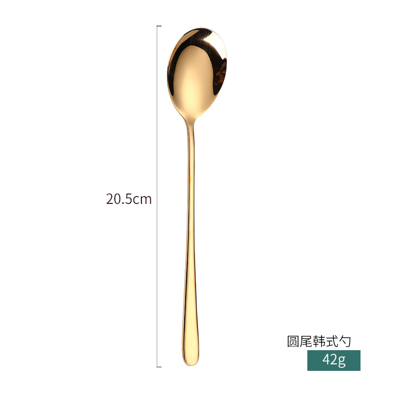 创意款304不锈钢餐具韩式勺叉子镀金幻彩调羹西餐勺爆款圆尾韩式勺-金色