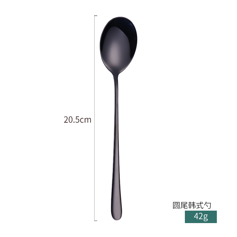 创意款304不锈钢餐具韩式勺叉子镀金幻彩调羹西餐勺爆款圆尾韩式勺-黑色