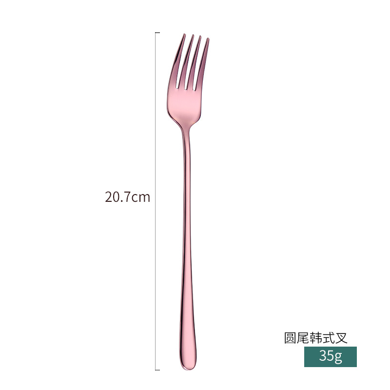 创意款304不锈钢餐具韩式勺叉子镀金幻彩调羹西餐勺爆款圆尾韩式叉-玫瑰