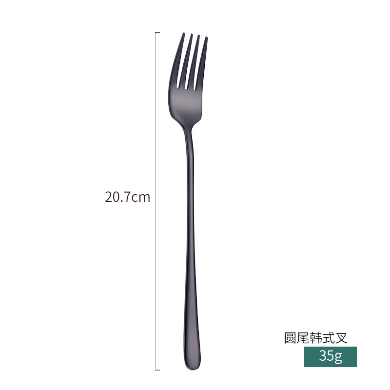创意款304不锈钢餐具韩式勺叉子镀金幻彩调羹西餐勺爆款圆尾韩式叉-黑色
