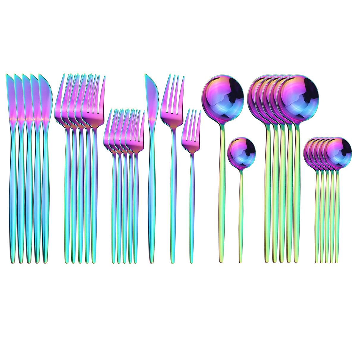 30p不锈钢餐具套装 镜面金色勺子刀叉勺 五件套彩虹