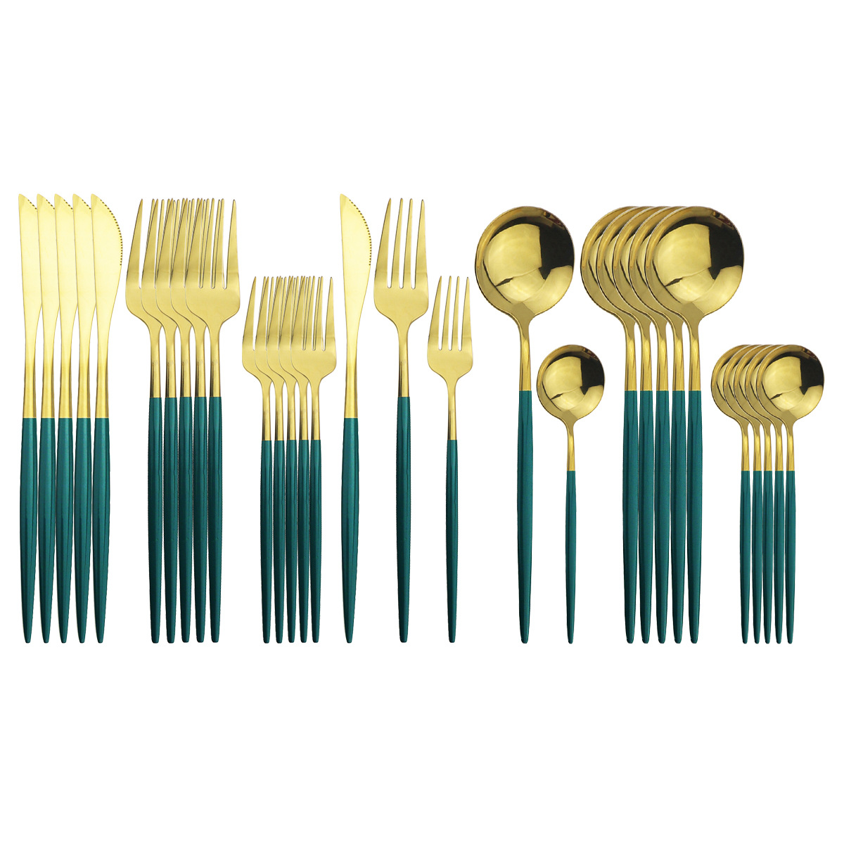 30p不锈钢餐具套装 镜面金色勺子刀叉勺 五件套绿金