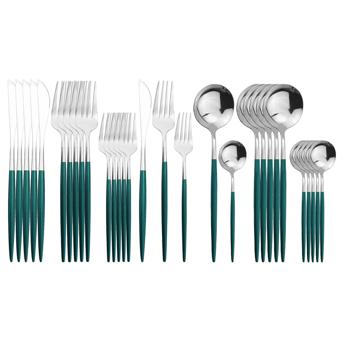 30p不锈钢餐具套装 镜面金色勺子刀叉勺 五件套绿银