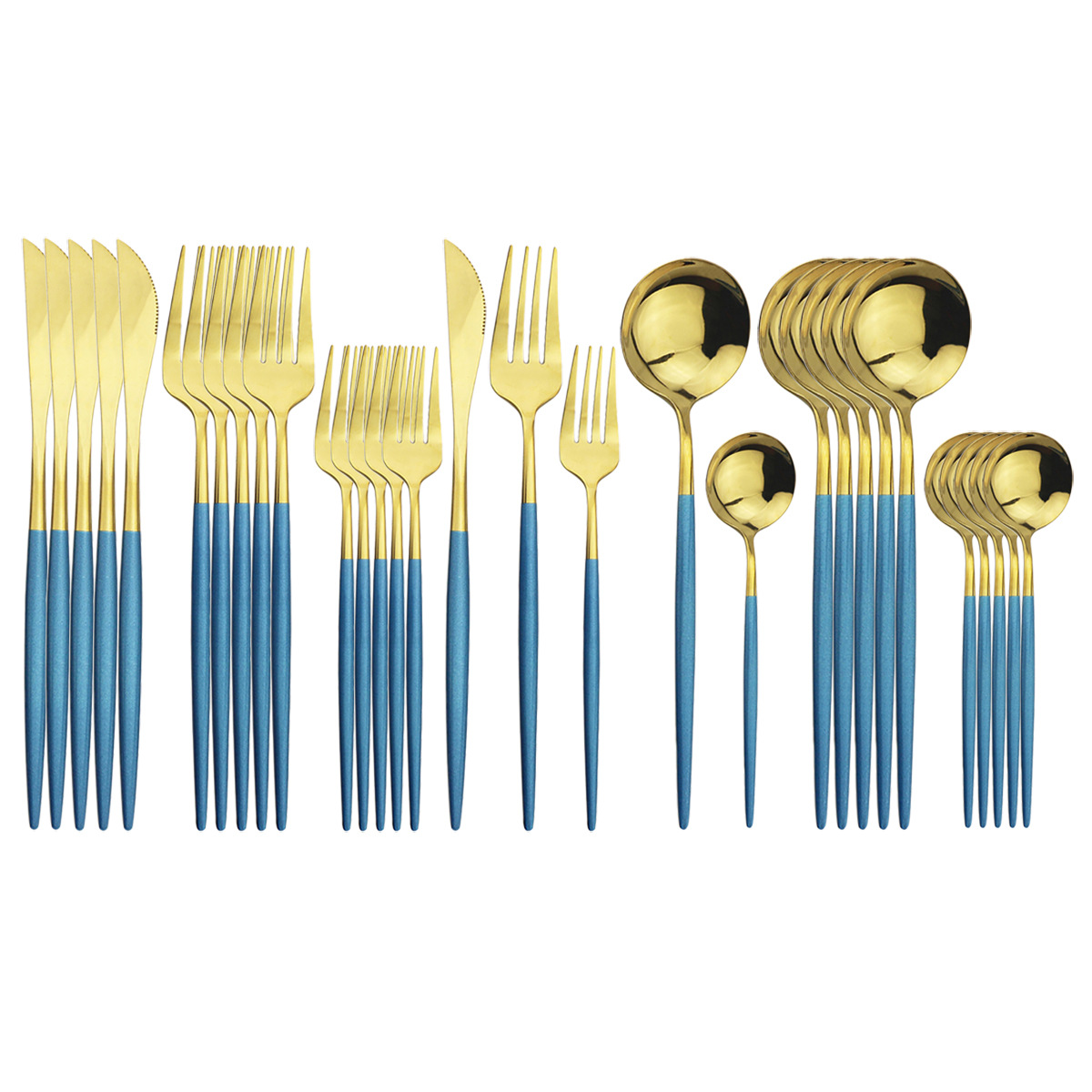 30p不锈钢餐具套装 镜面金色勺子刀叉勺 五件套蓝金