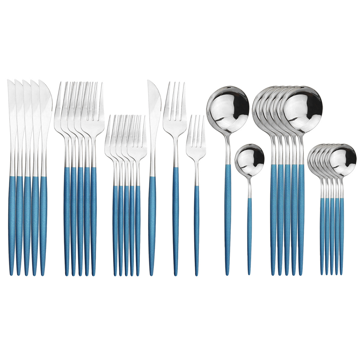 30p不锈钢餐具套装 镜面金色勺子刀叉勺 五件套蓝银