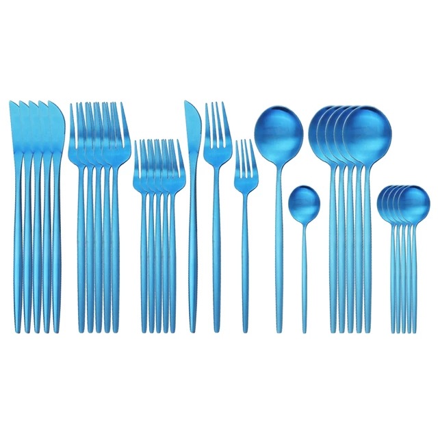 30pc跨境爆款 不锈钢餐具套装砂光金色勺子刀叉勺 五件套蓝色