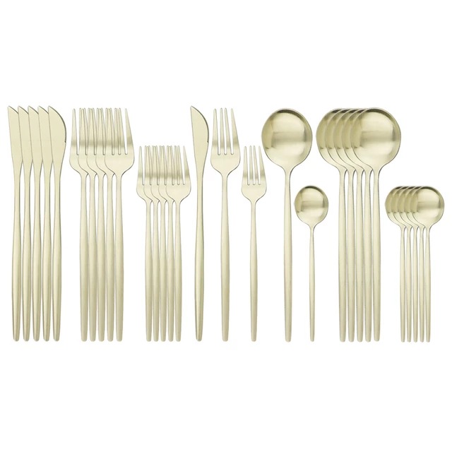 30pc跨境爆款 不锈钢餐具套装砂光金色勺子刀叉勺 五件套香槟金