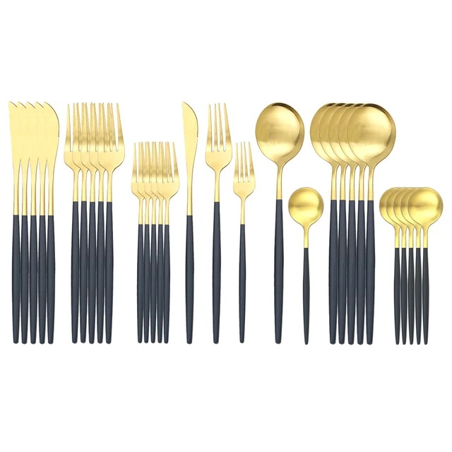 30pc跨境爆款 不锈钢餐具套装砂光金色勺子刀叉勺 五件套黑加金