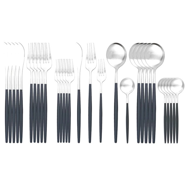 30pc跨境爆款 不锈钢餐具套装砂光金色勺子刀叉勺 五件套黑加银