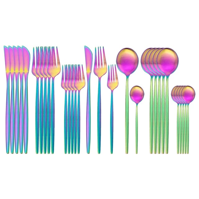 30pc跨境爆款 不锈钢餐具套装砂光金色勺子刀叉勺 五件套炫彩
