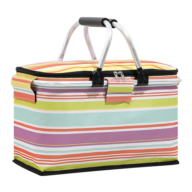 户外保温篮铝箔加厚野餐篮牛津布折叠野餐包保温冰袋冰篮大号黄色条纹