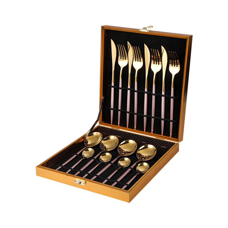不锈钢葡萄牙镀金餐具套装金色木盒16件套餐具金色