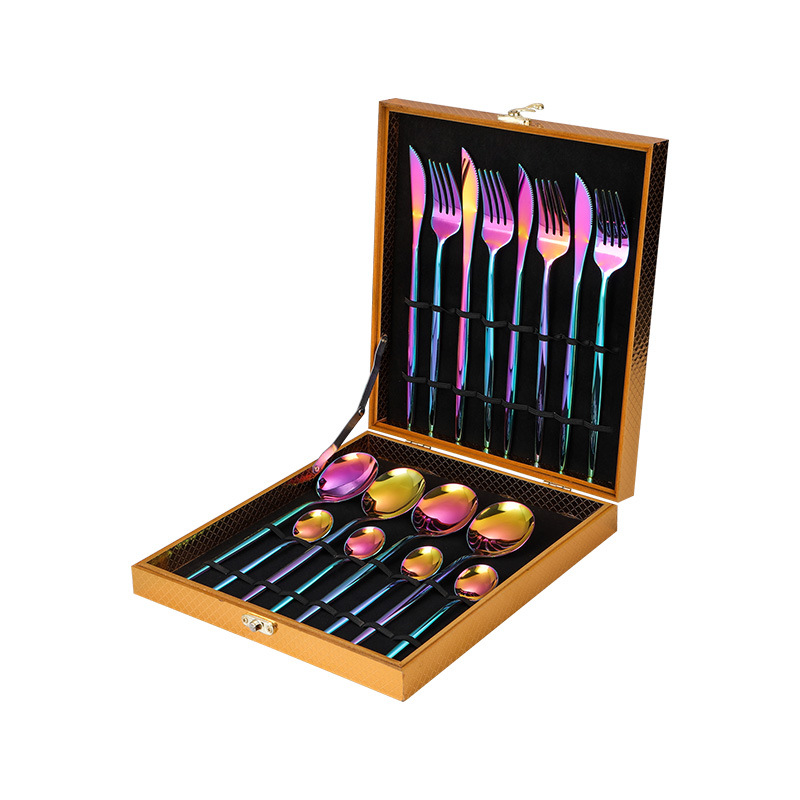 不锈钢葡萄牙镀金餐具套装金色木盒16件套餐具幻彩