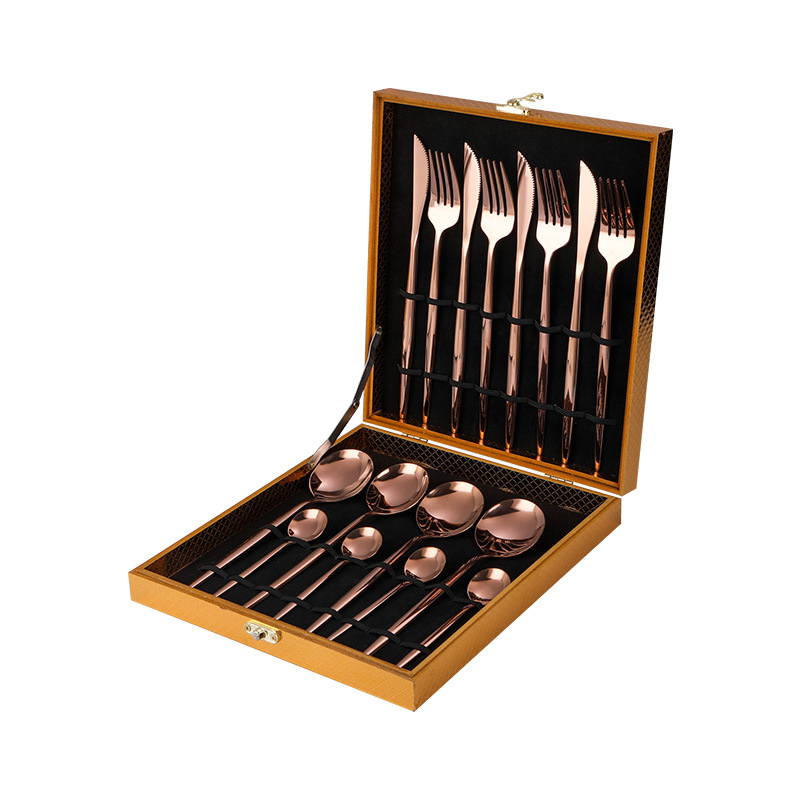 不锈钢葡萄牙镀金餐具套装金色木盒16件套餐具玫瑰金