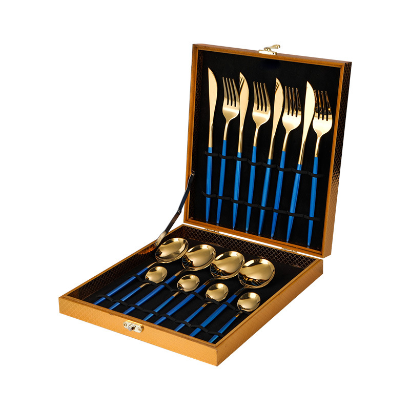 不锈钢葡萄牙镀金餐具套装金色木盒16件套餐具蓝金