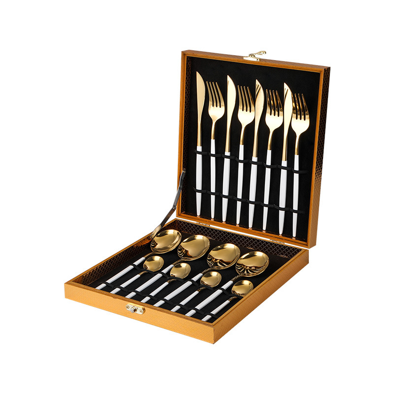 不锈钢葡萄牙镀金餐具套装金色木盒16件套餐具白金