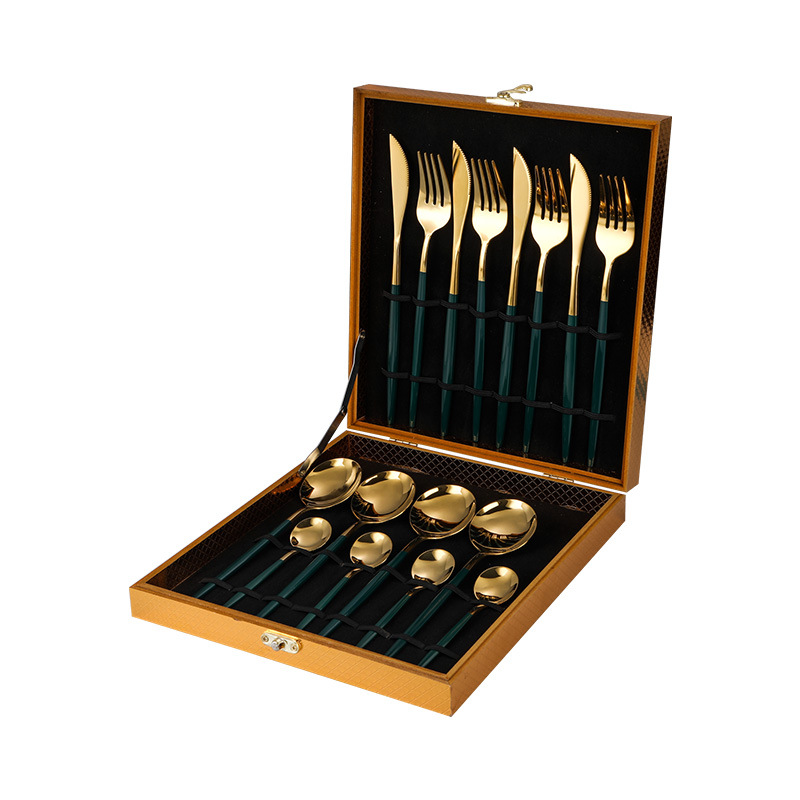 不锈钢葡萄牙镀金餐具套装金色木盒16件套餐具绿金