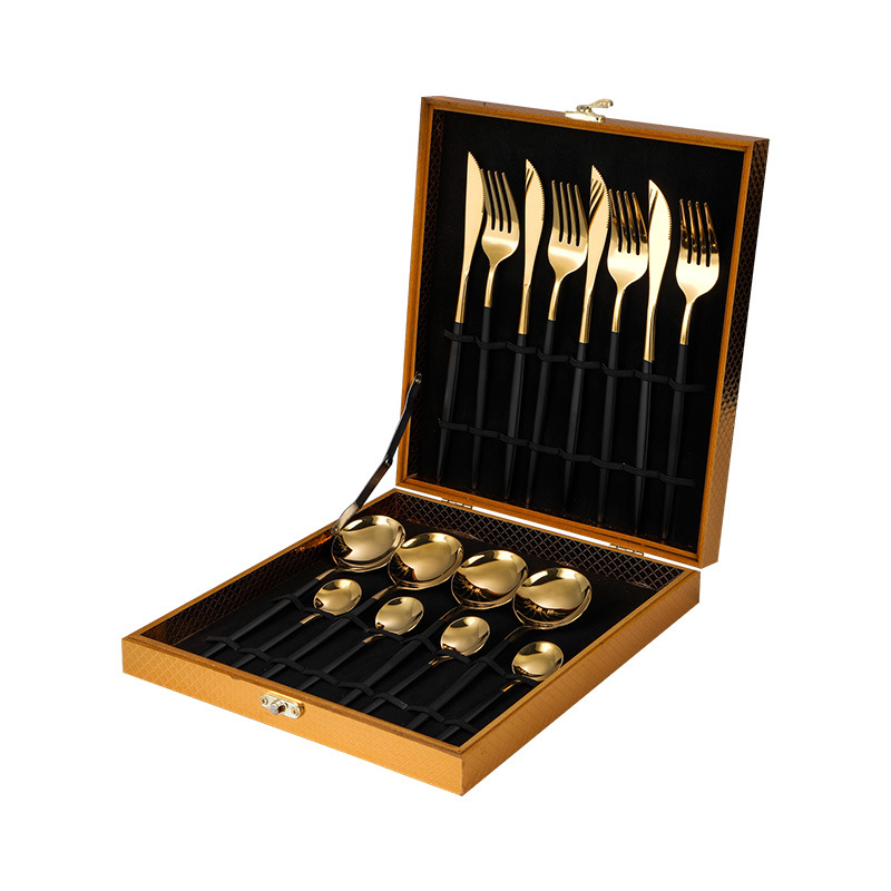 不锈钢葡萄牙镀金餐具套装金色木盒16件套餐具黑金