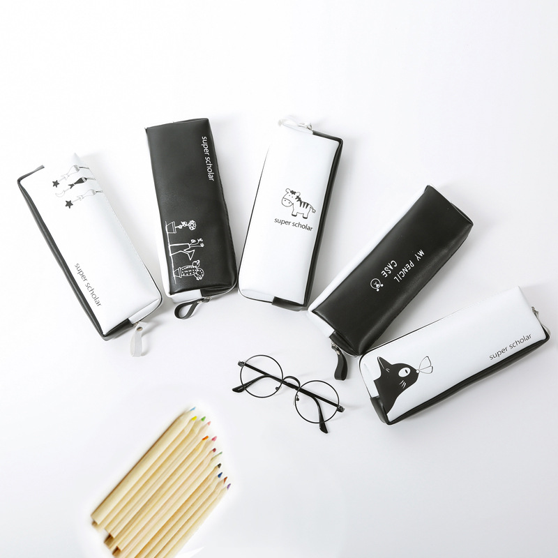 跨境爆款 小清新PU笔袋 学院男女款简约黑白色笔盒学生铅笔袋