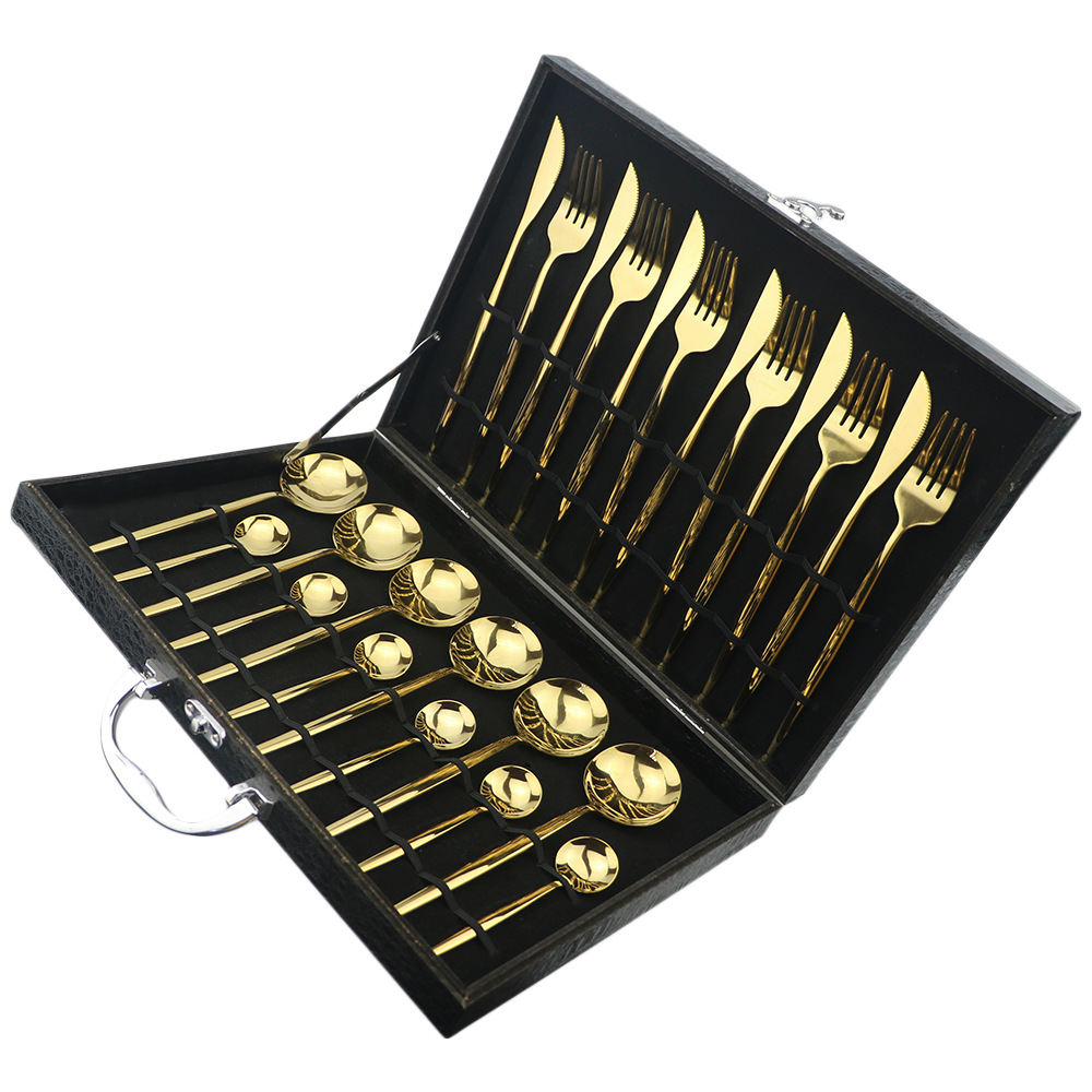 跨境不锈钢餐具24件套装 黑色礼盒西餐刀叉勺餐具 亚马逊爆款餐具